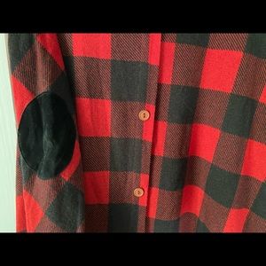 Red/Black, felt elbow, button down back dress perfect with leggings.
